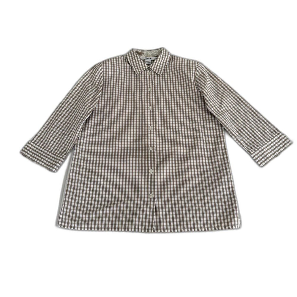 ALIA Women’s 8 Button Down Shirt Taupe Checked Gingham 3/4 Sleeves Collar Summer